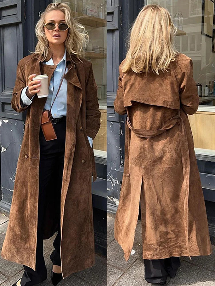 Casual Autumn Suede Women Long Coat Elegant Turn-down Collar Lace Up Long Sleeve Female Split Jacket Fashion Lady Office Outwear